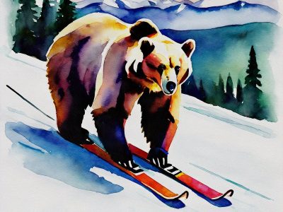 Watercolor painting of a bear skiing downhill on colorful skis in a snowy mountain landscape with pine trees and distant peaks.